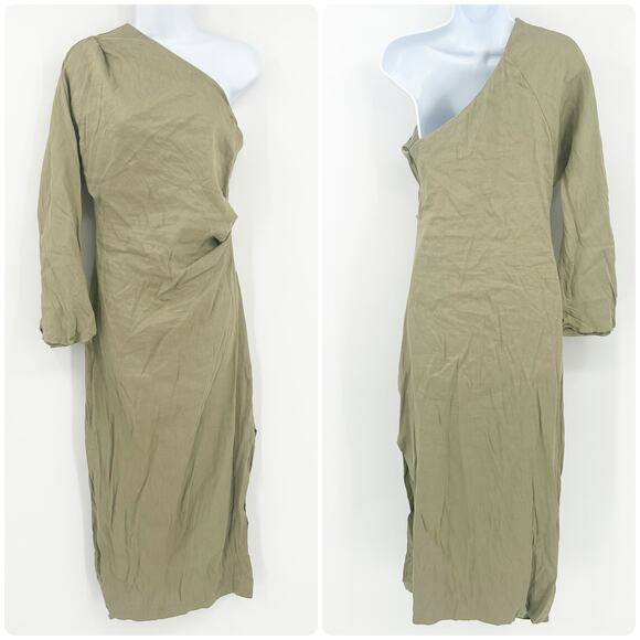 Zara Womens Beachy Blogger Favorite Linen Blend Asymmetric One Shoulder Dress M - Picture 2 of 9